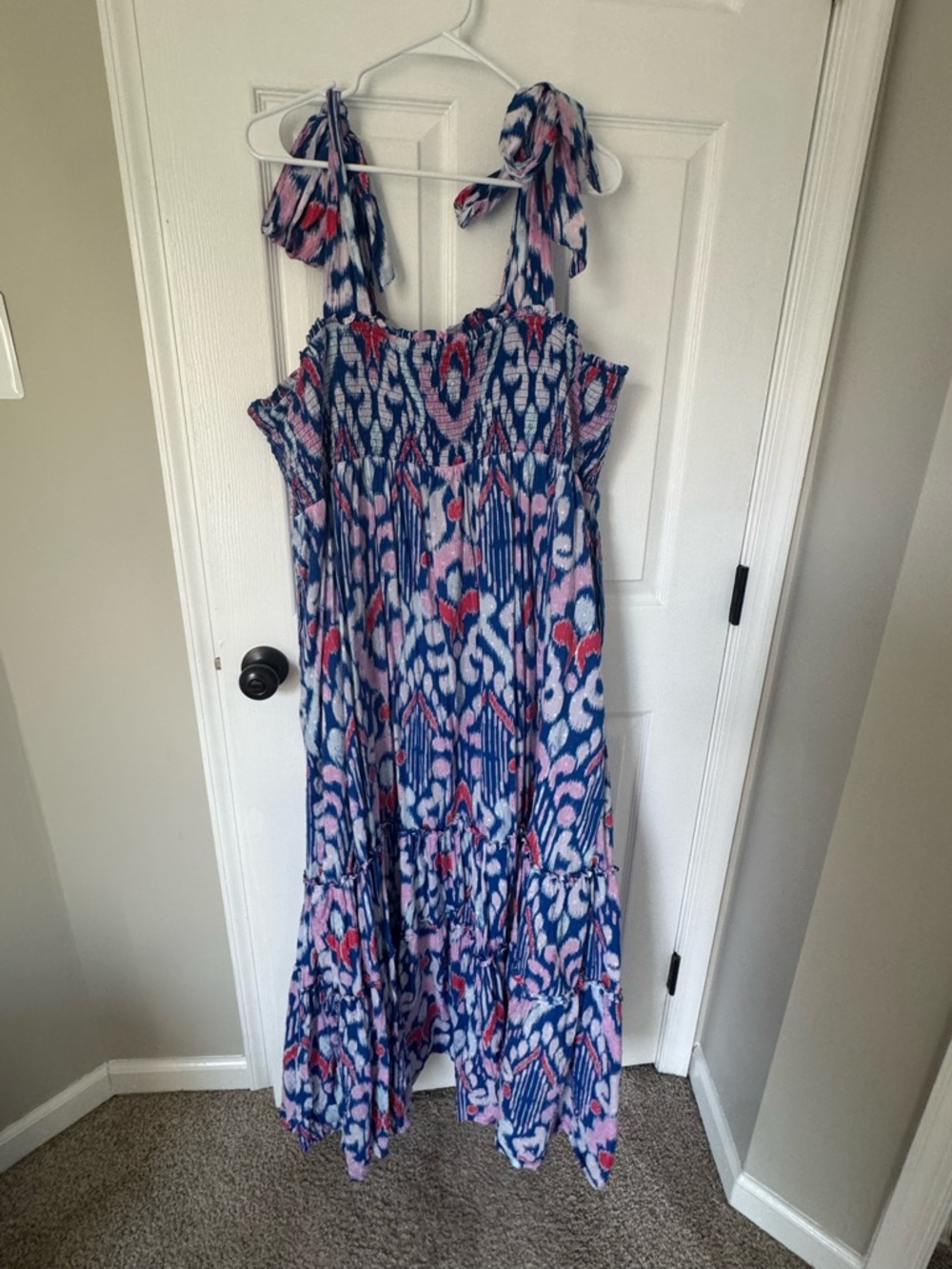 crown & ivy Blue, Pink & Red Tie-Shoulder Smocked Maxi Dress